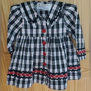 Classic RED, BLACK, WHITE TARTAN Plaid Long Sleeve Rick Rack Dress 2 Toddler